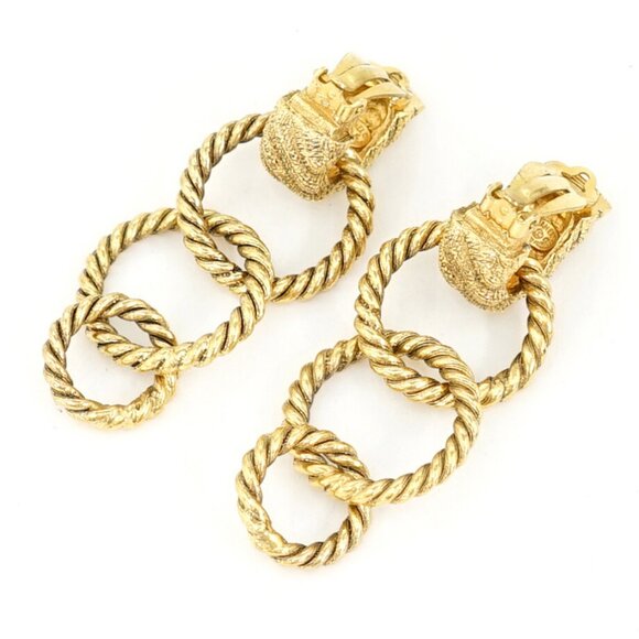 CHANEL Triple Hoop Drop Dangle Earrings Gold Tone 25 Auth w/Box l1043 - Picture 3 of 6